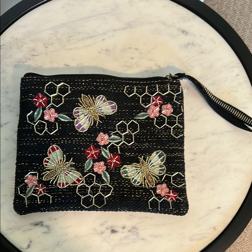 Embroidered Black Wristlet with Floral Design